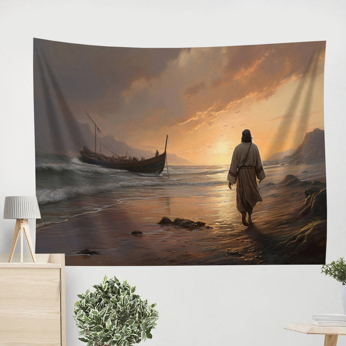 Jesus Walking On The Beach Tapestry - Christian Wall Tapestries