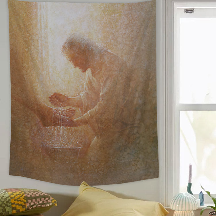 Jesus Washes Feet Tapestry - Christian Tapestry - Bible Verse Tapestry