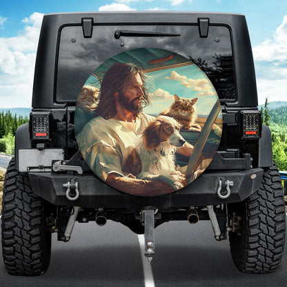 Jesus With Dog Cat Spare Tire Cover Car - Christian Tire Cover