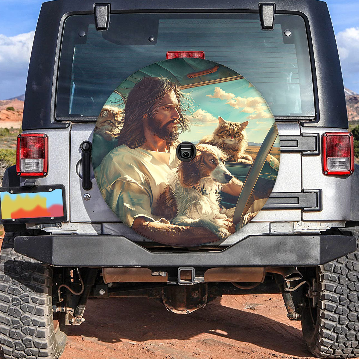 Jesus With Dog Cat Spare Tire Cover Car - Christian Tire Cover