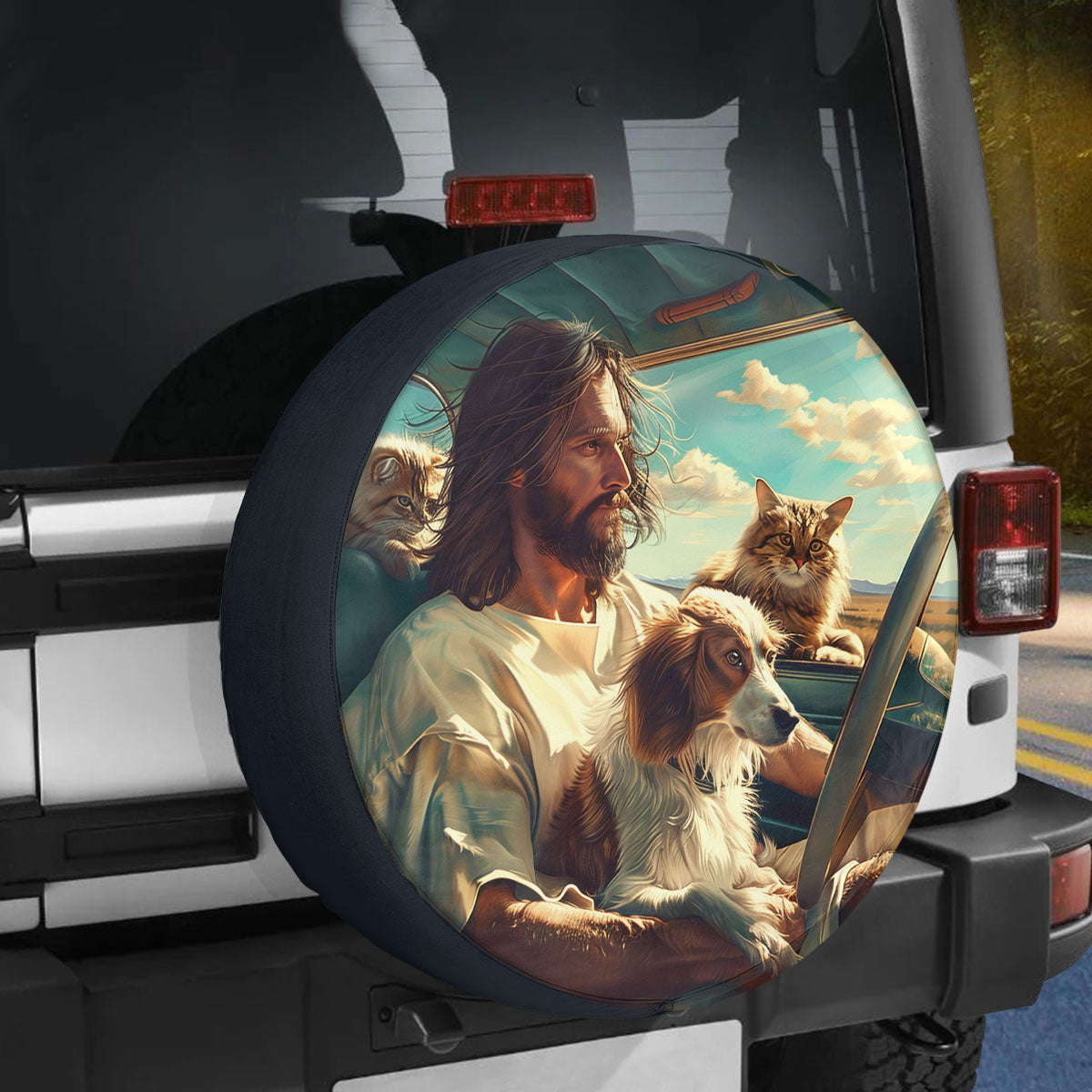 Jesus With Dog Cat Spare Tire Cover Car - Christian Tire Cover