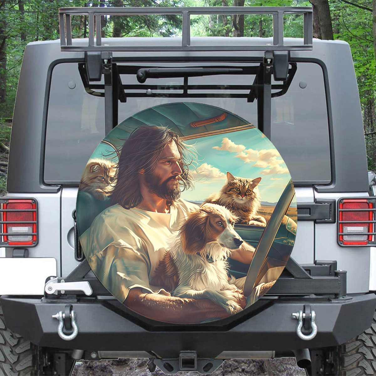 Jesus With Dog Cat Spare Tire Cover Car - Christian Tire Cover