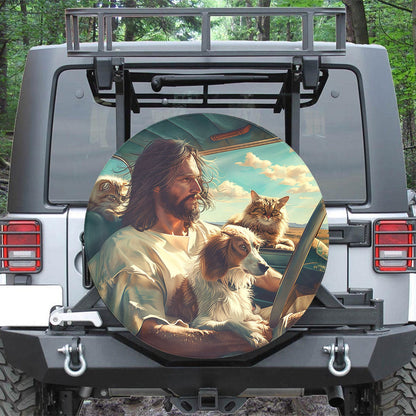 Jesus With Dog Cat Spare Tire Cover Car - Christian Tire Cover