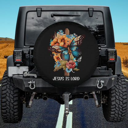 Jesus is Lord Christian Cross Butterfly Flowers Floral Faith Spare Tire Cover - Religious Christian Spare Tire Cover