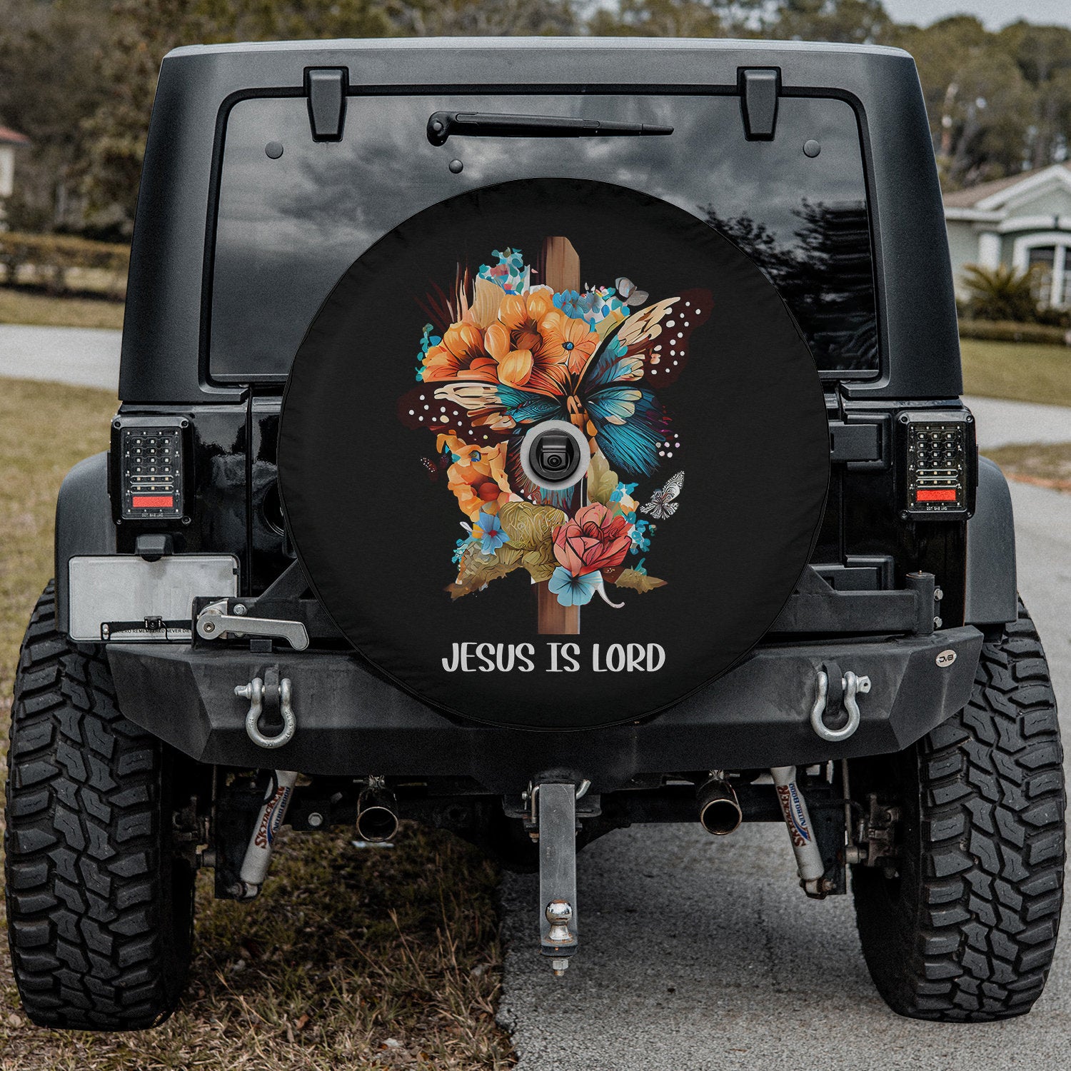 Jesus is Lord Christian Cross Butterfly Flowers Floral Faith Spare Tire Cover - Religious Christian Spare Tire Cover