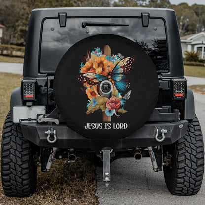 Jesus is Lord Christian Cross Butterfly Flowers Floral Faith Spare Tire Cover - Religious Christian Spare Tire Cover