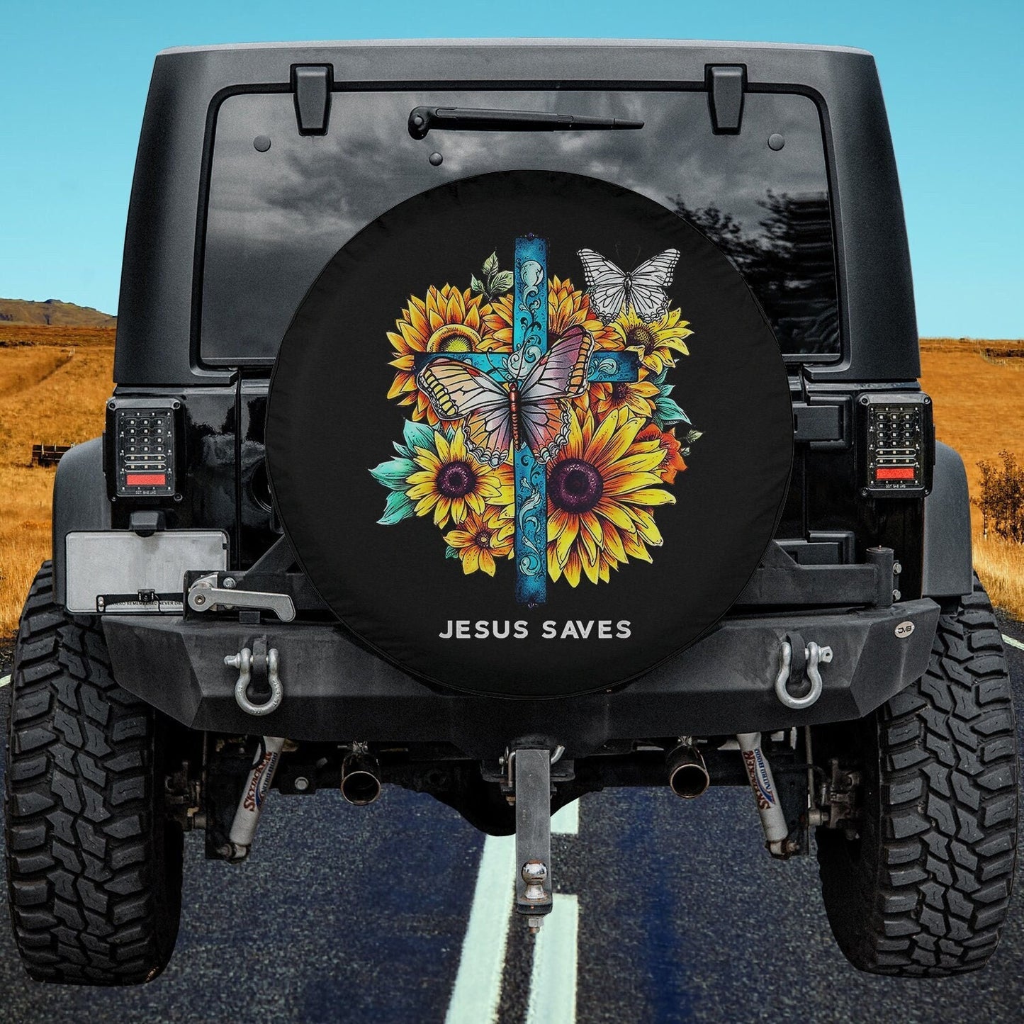 Jesus saves Cross Sunflowers Butterflies Christian Spare Tire Cover - Religious Christian Spare Tire Cover