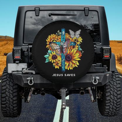 Jesus saves Cross Sunflowers Butterflies Christian Spare Tire Cover - Religious Christian Spare Tire Cover