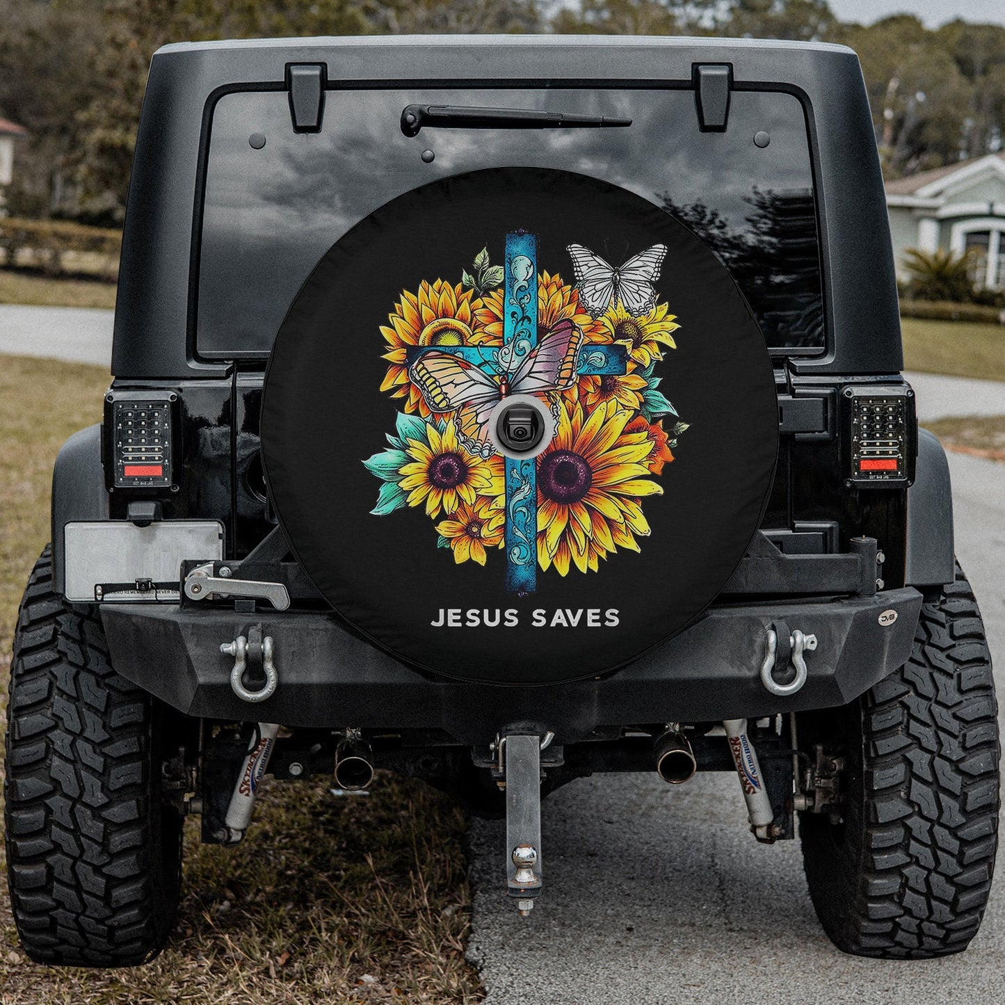 Jesus saves Cross Sunflowers Butterflies Christian Spare Tire Cover - Religious Christian Spare Tire Cover