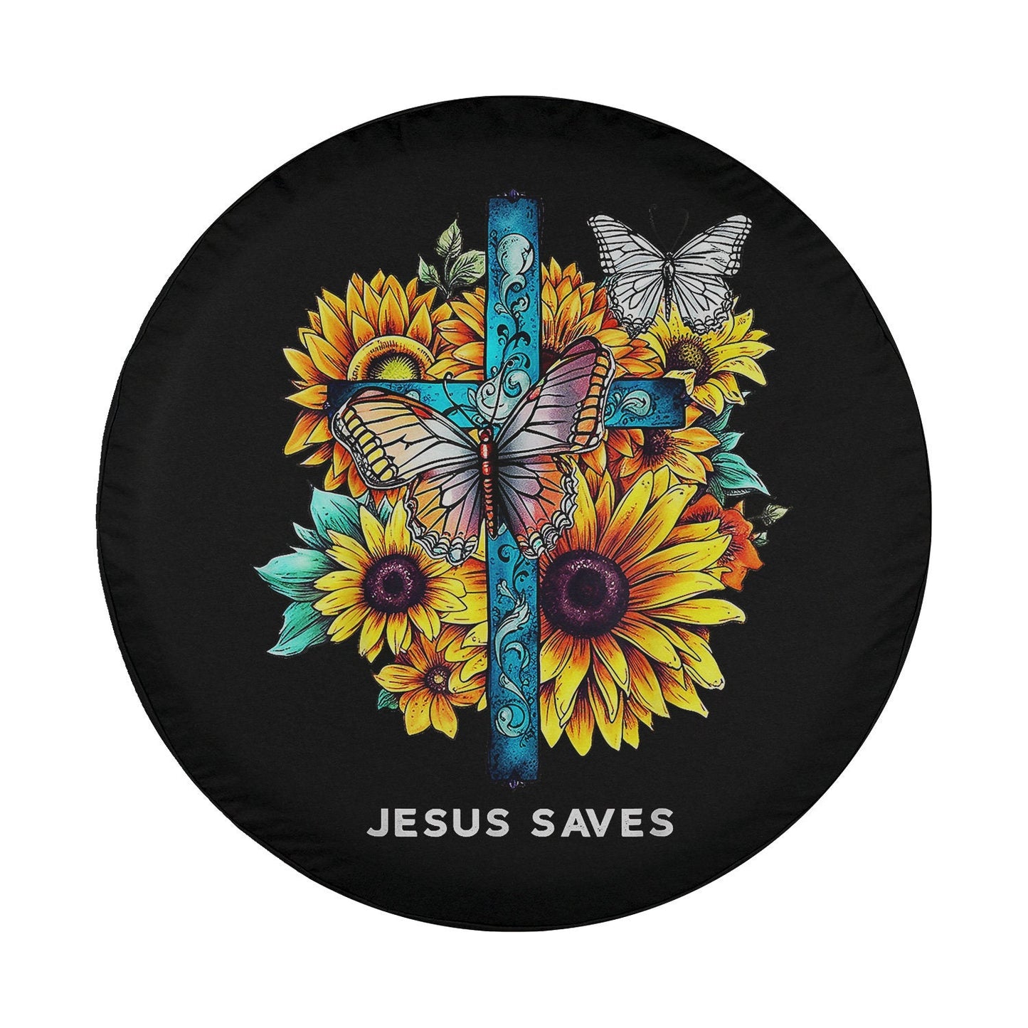 Jesus saves Cross Sunflowers Butterflies Christian Spare Tire Cover - Religious Christian Spare Tire Cover