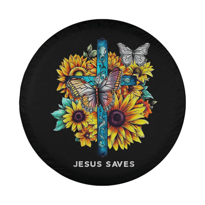 Jesus saves Cross Sunflowers Butterflies Christian Spare Tire Cover - Religious Christian Spare Tire Cover