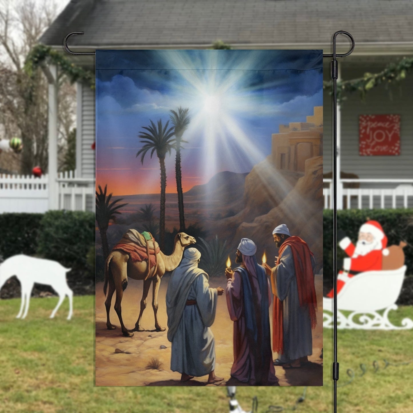 Journey Of The Magic In The Desert Oasis Christmas Garden Flag - Christian House Flag