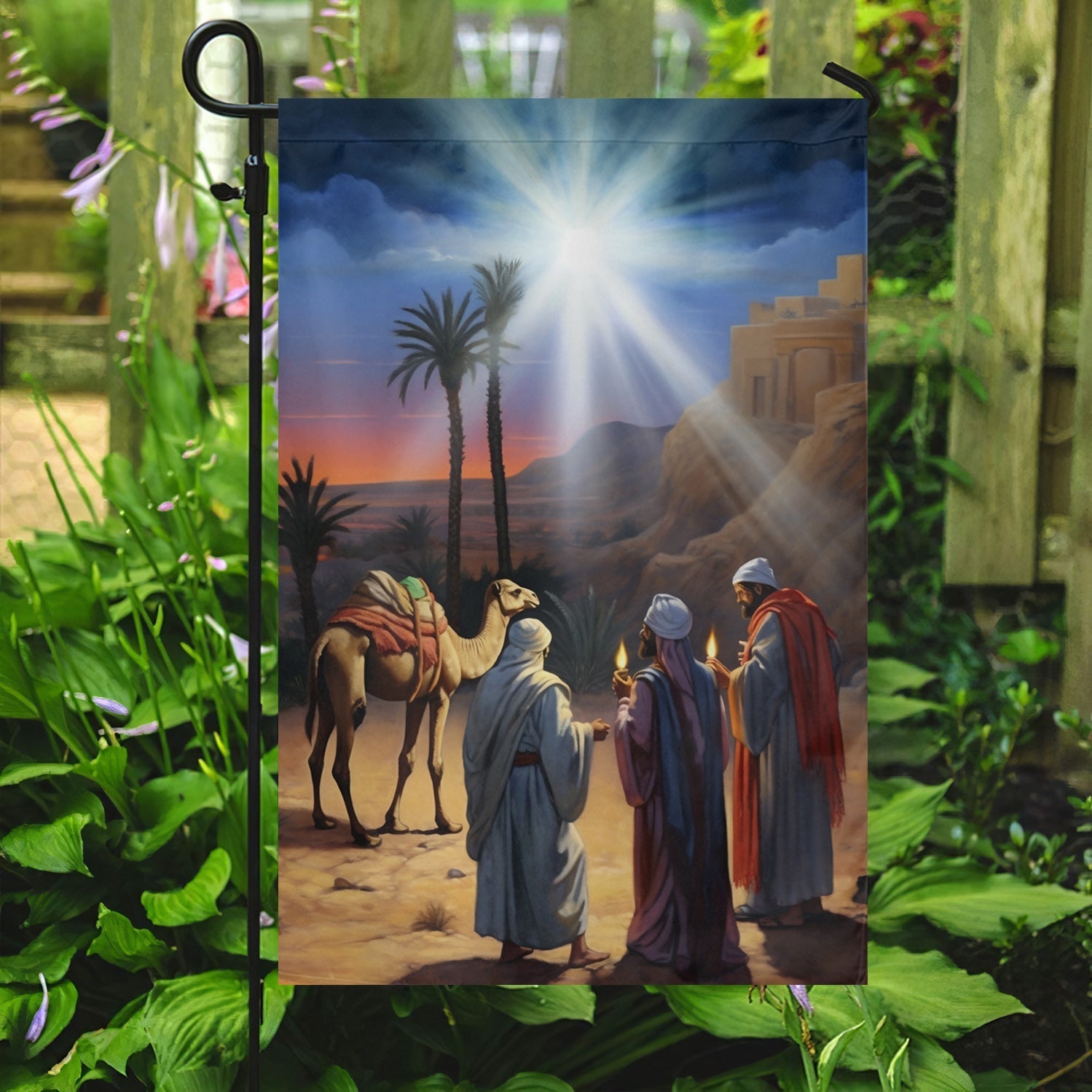 Journey Of The Magic In The Desert Oasis Christmas Garden Flag - Christian House Flag
