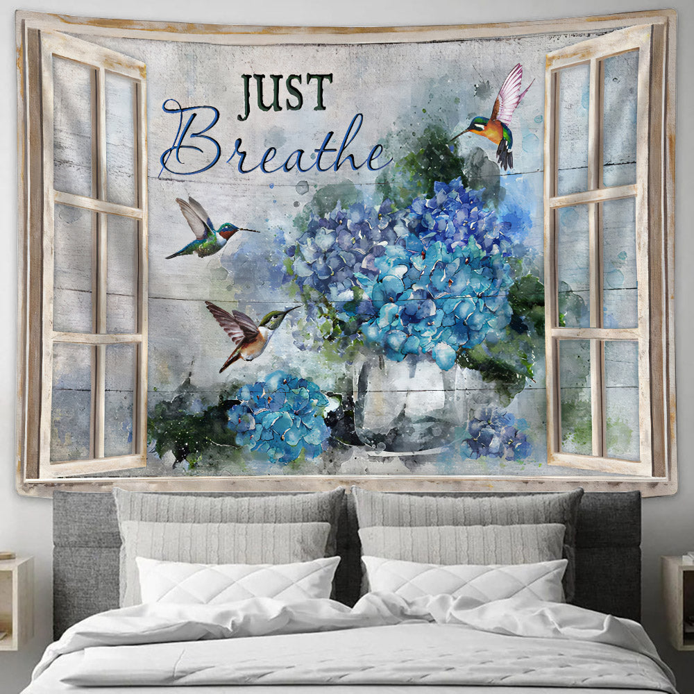Just Breathe Hummingbird Flower Tapestry - Bible Verse Tapestry