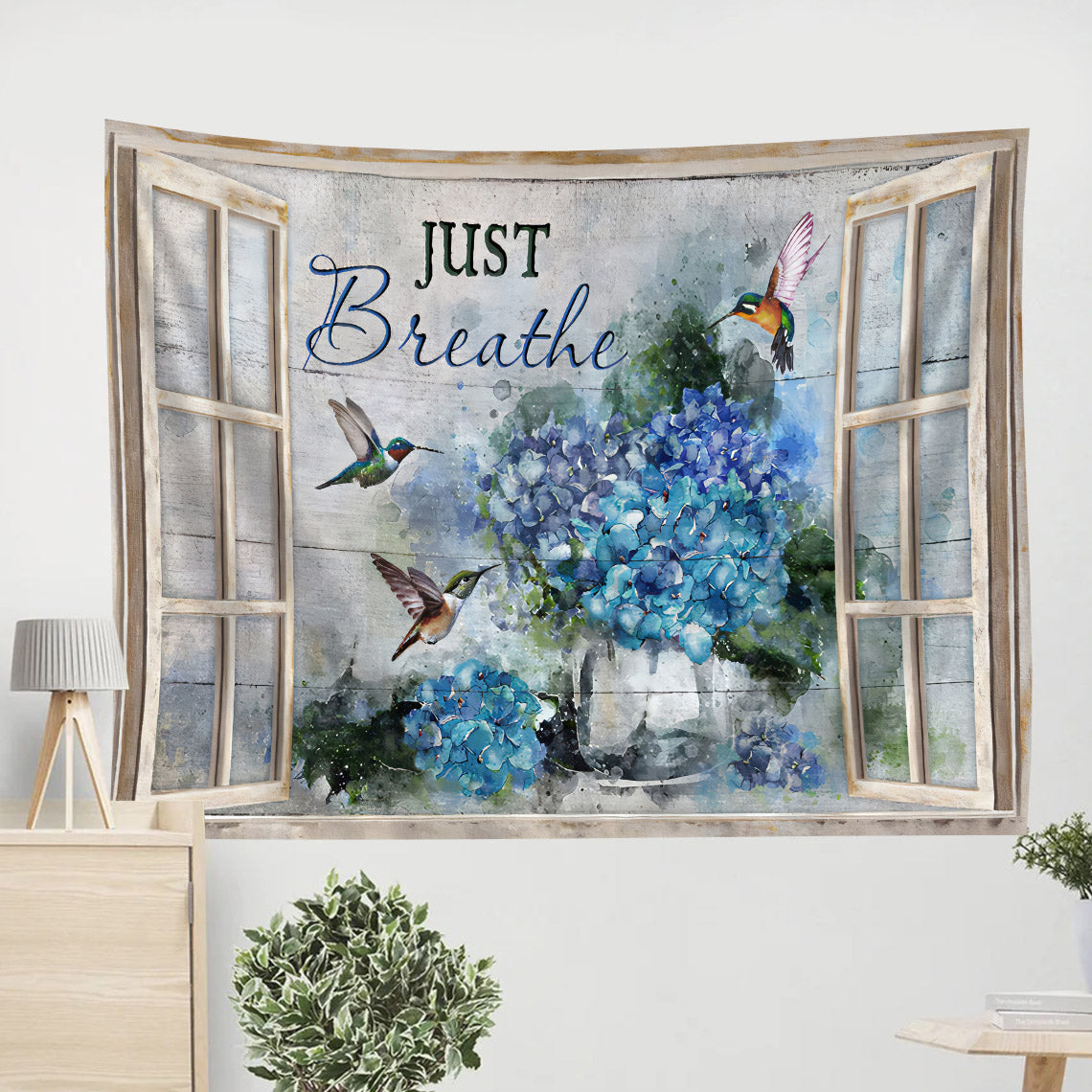 Just Breathe Hummingbird Flower Tapestry - Bible Verse Tapestry