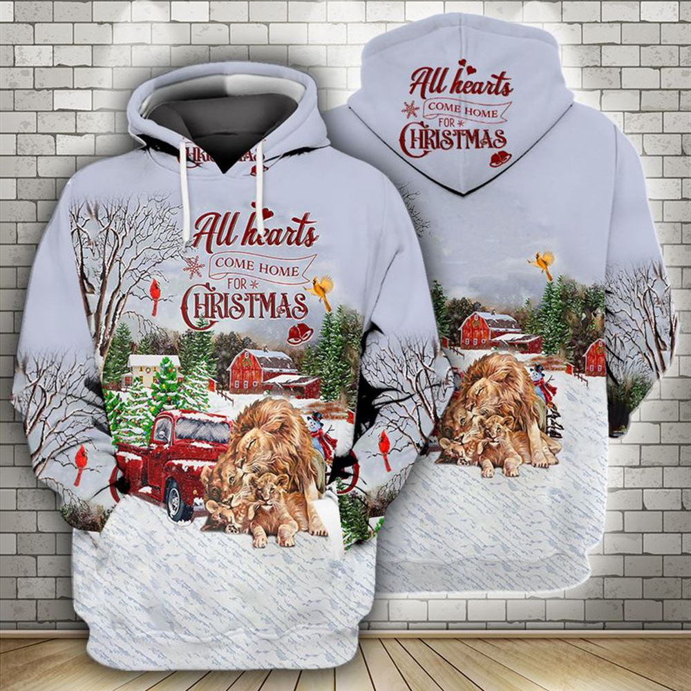 Lion All Hearts Come Home For Christmas All Over Print 3D Hoodie For Men And Women, Best Gift For Dog lovers, Best Outfit Christmas