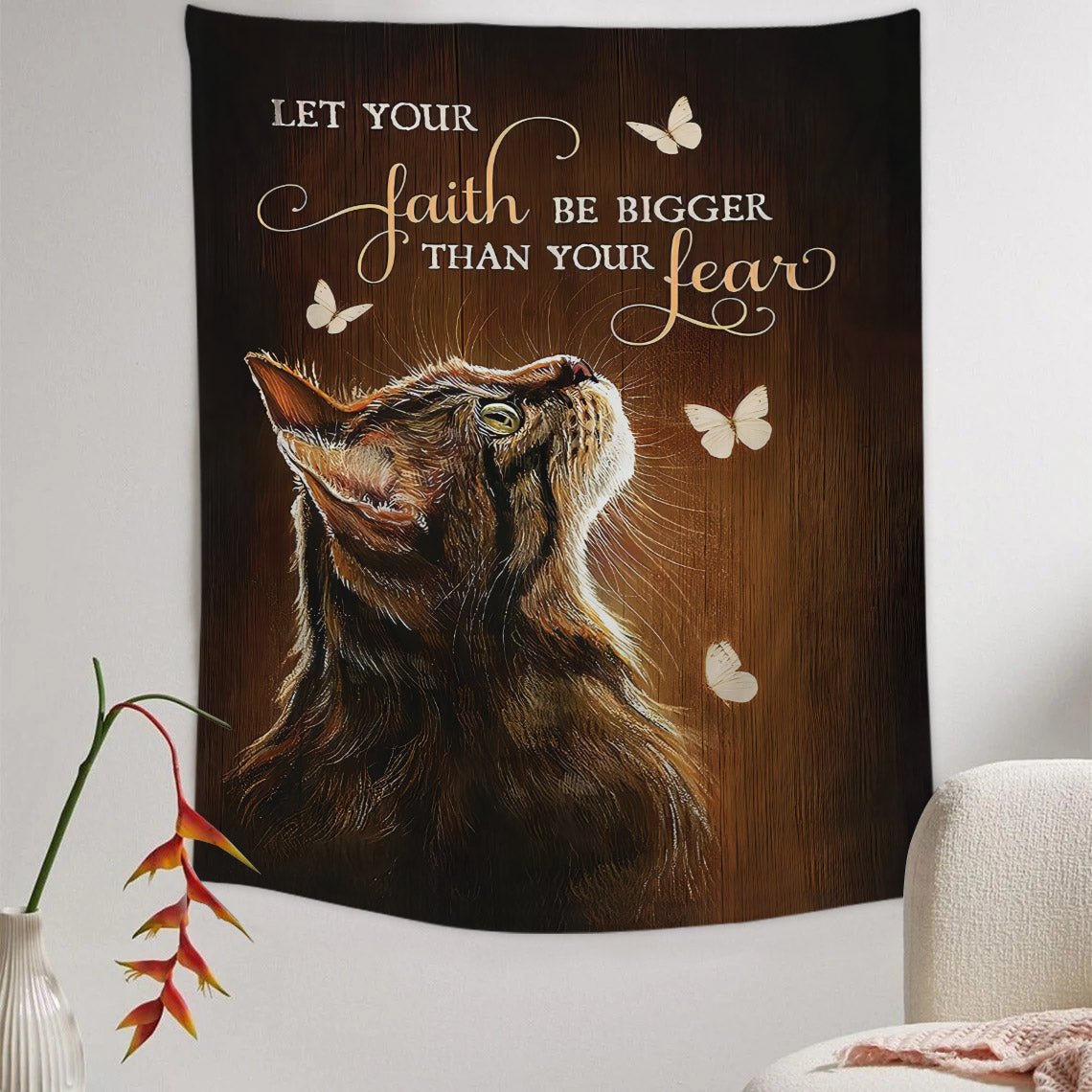 Let Your Faith Tabby Cat White Butterfly Tapestry - Christian Tapestry - Bible Verse Tapestry