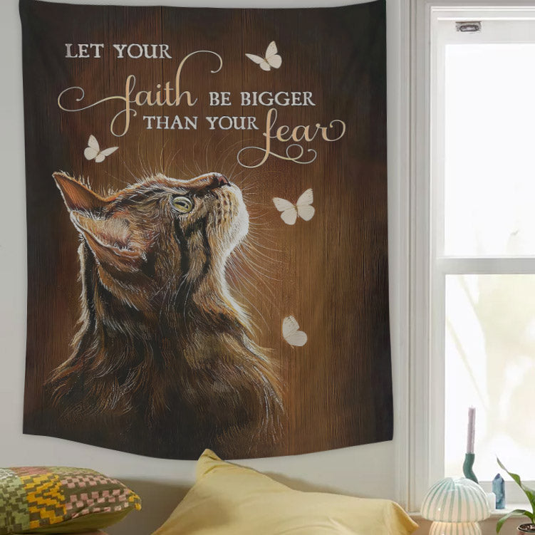 Let Your Faith Tabby Cat White Butterfly Tapestry - Christian Tapestry - Bible Verse Tapestry