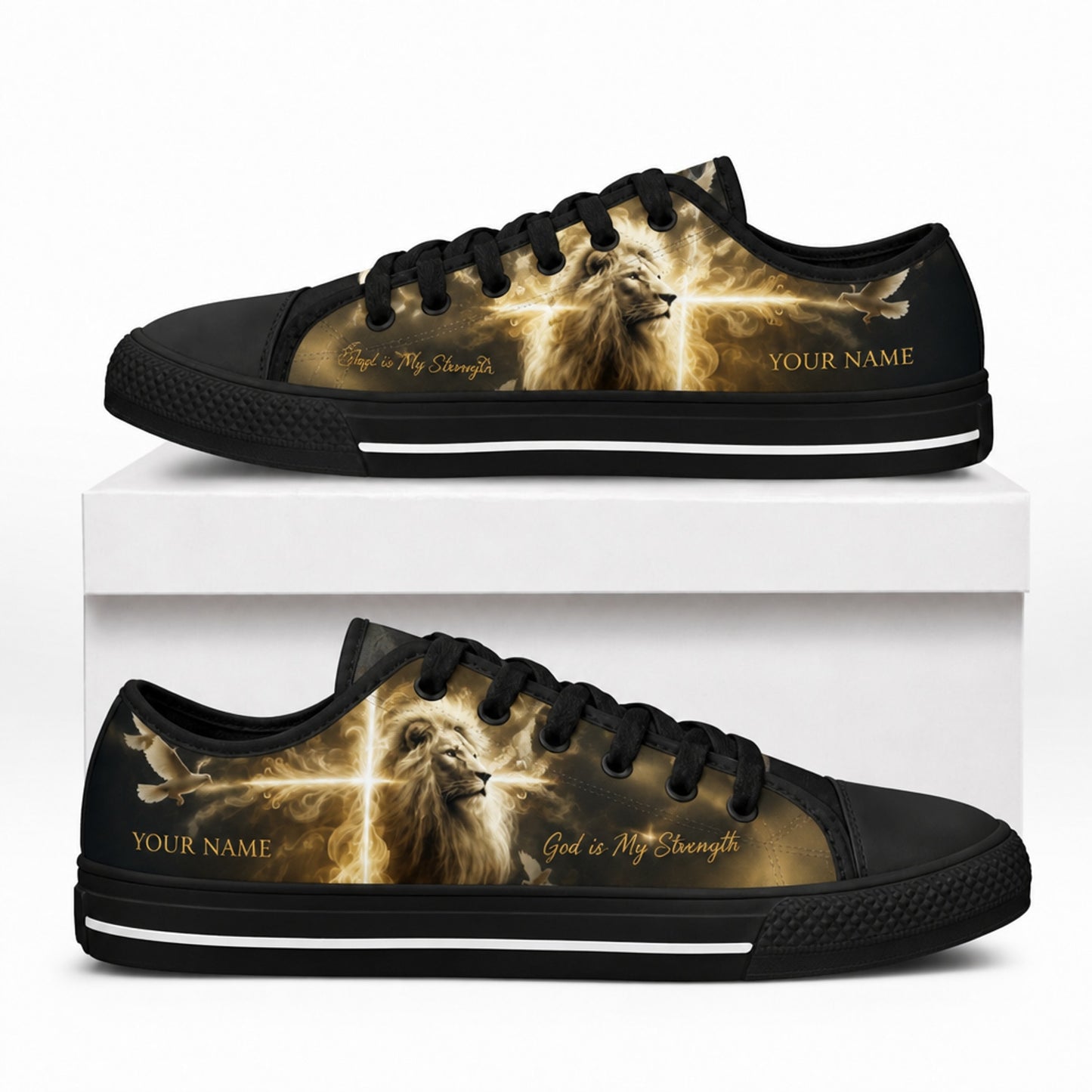 Lion With Cross Christian Custom Low Top Shoes box black    