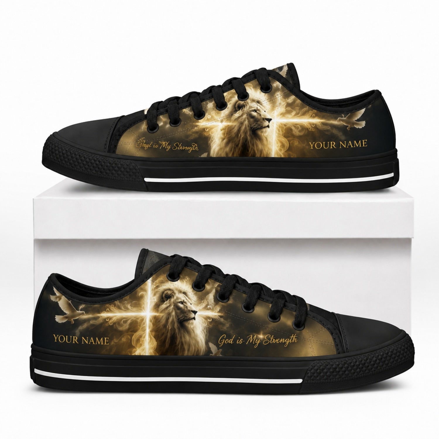 Lion With Cross Christian Custom Low Top Shoes box black    