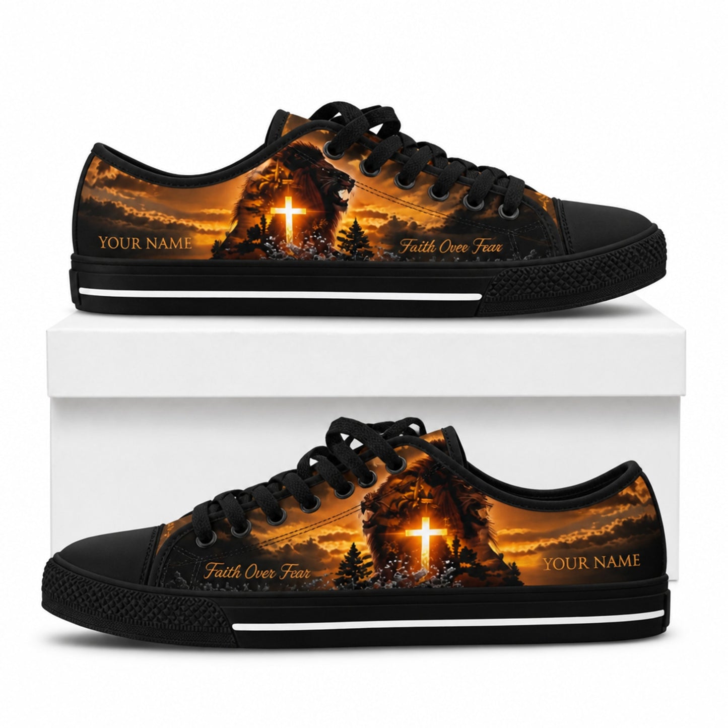 Lion With Cross Classic Personalized Low Top Shoes box black    