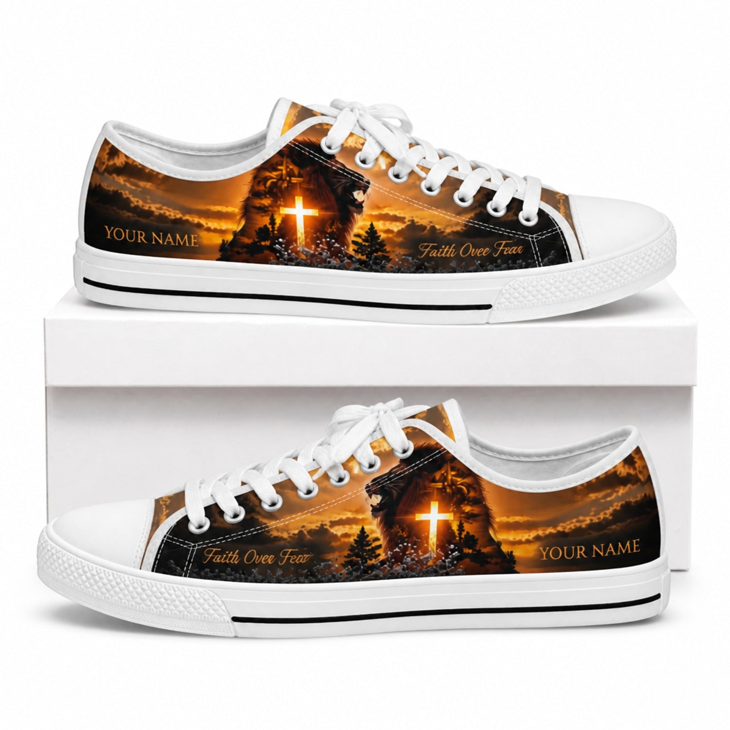 Lion With Cross Classic Personalized Low Top Shoes box white    
