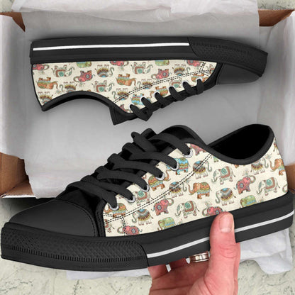 Lucky Elephant Patterns Vintage Low Top Canvas Print Shoes, Animal Print Canvas Shoes, Print On Canvas Shoes