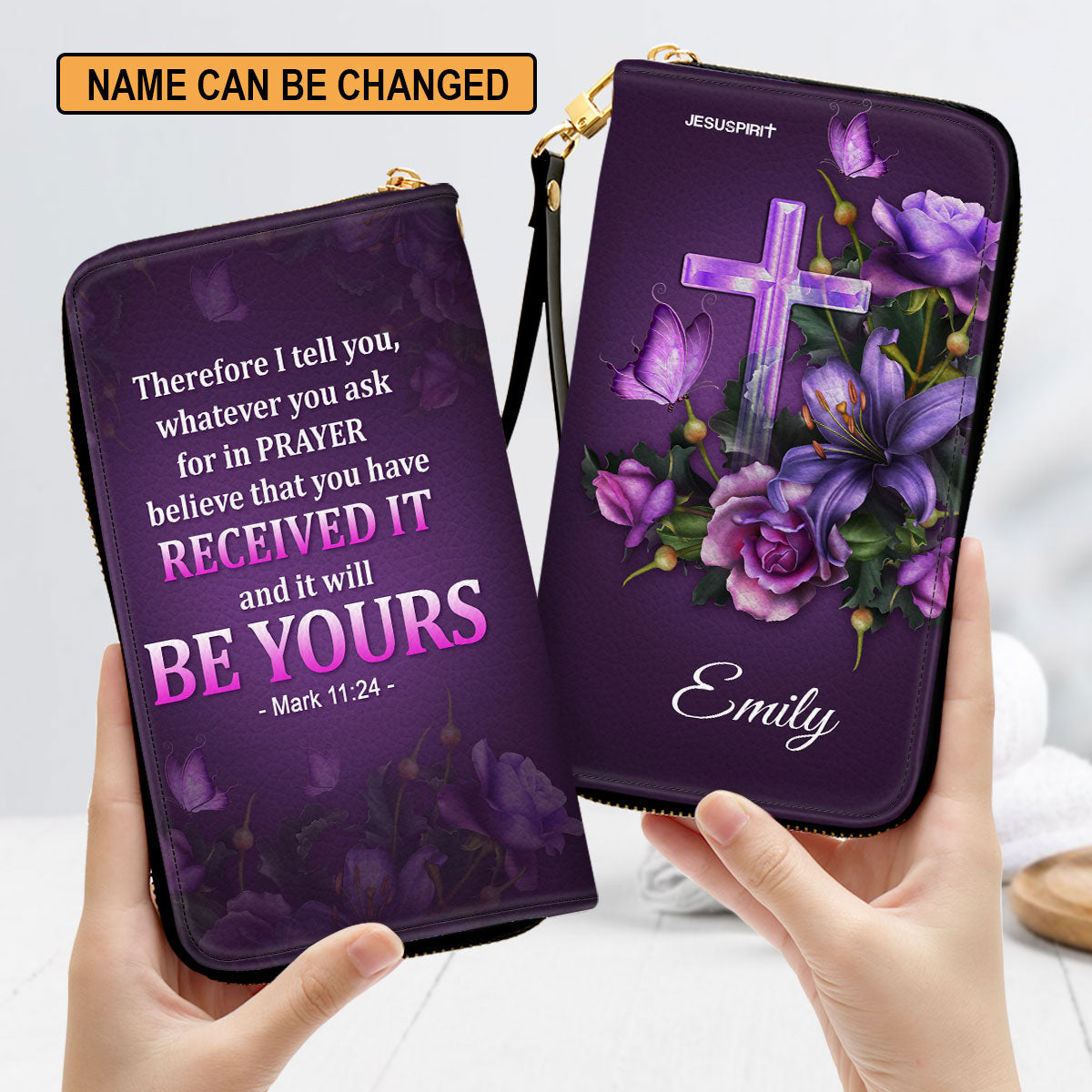 Mark 1124 Believe That You Have Received It Purple Personalized Leather Clutch Purse - Christian Gifts For Religious Women
