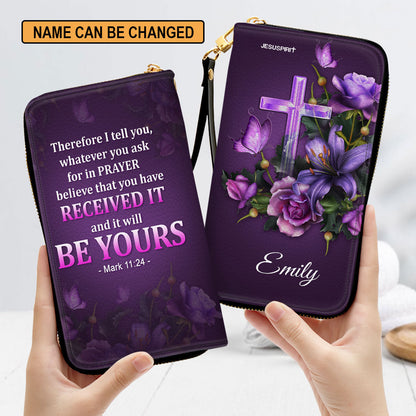 Mark 1124 Believe That You Have Received It Purple Personalized Leather Clutch Purse - Christian Gifts For Religious Women