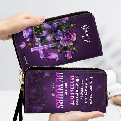Mark 1124 Believe That You Have Received It Purple Personalized Leather Clutch Purse - Christian Gifts For Religious Women