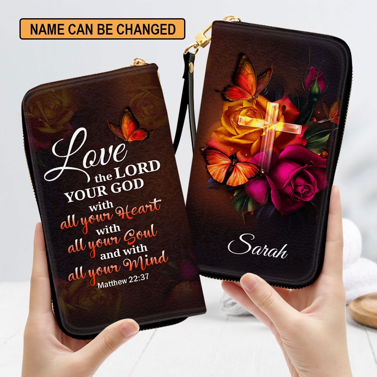 Matthew 2237 Love The Lord Your God With All Your Heart Personalized Leather Clutch Purse - Christian Gifts For Religious Women
