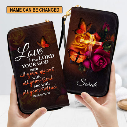 Matthew 2237 Love The Lord Your God With All Your Heart Personalized Leather Clutch Purse - Christian Gifts For Religious Women