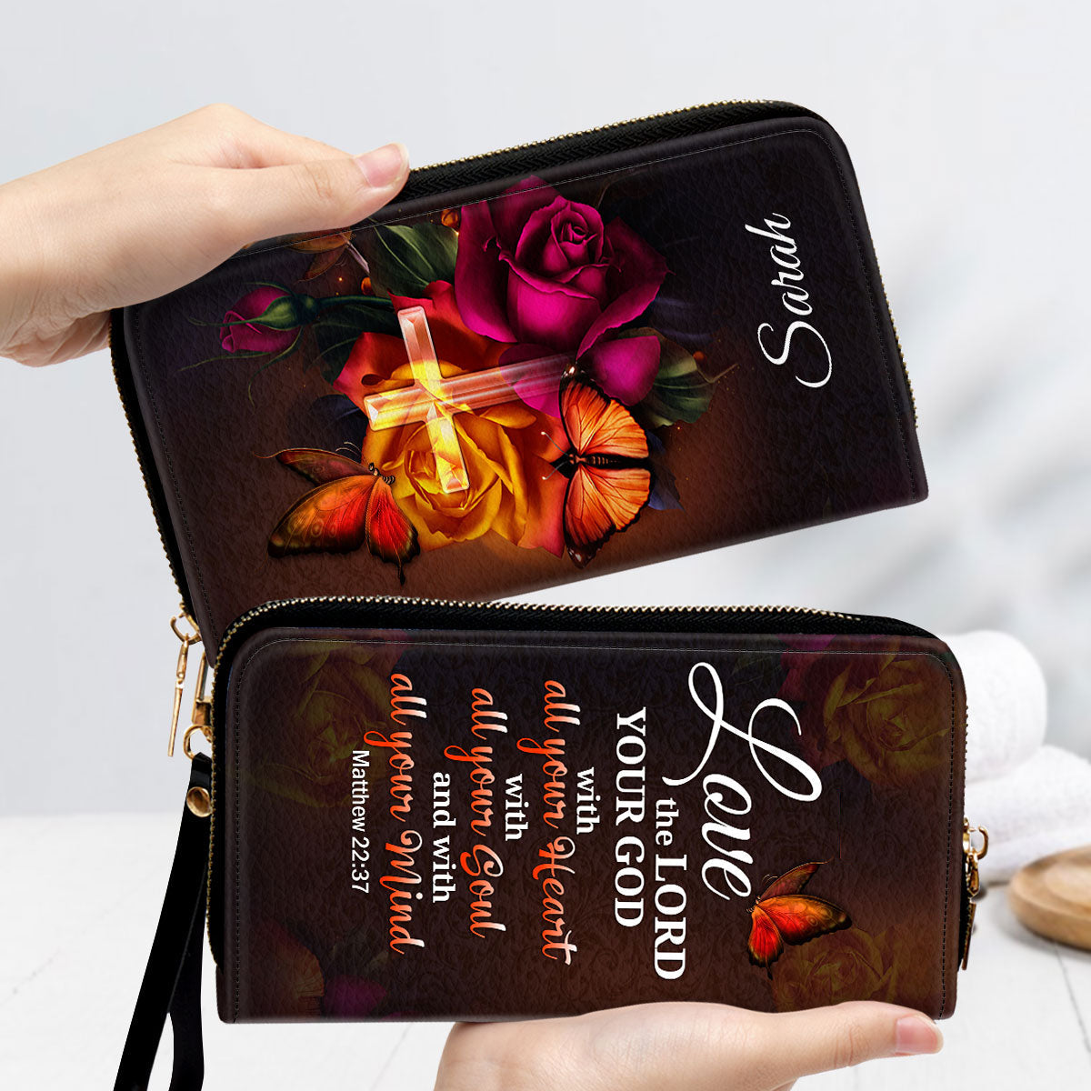 Matthew 2237 Love The Lord Your God With All Your Heart Personalized Leather Clutch Purse - Christian Gifts For Religious Women