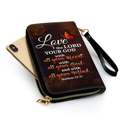 Matthew 2237 Love The Lord Your God With All Your Heart Personalized Leather Clutch Purse - Christian Gifts For Religious Women