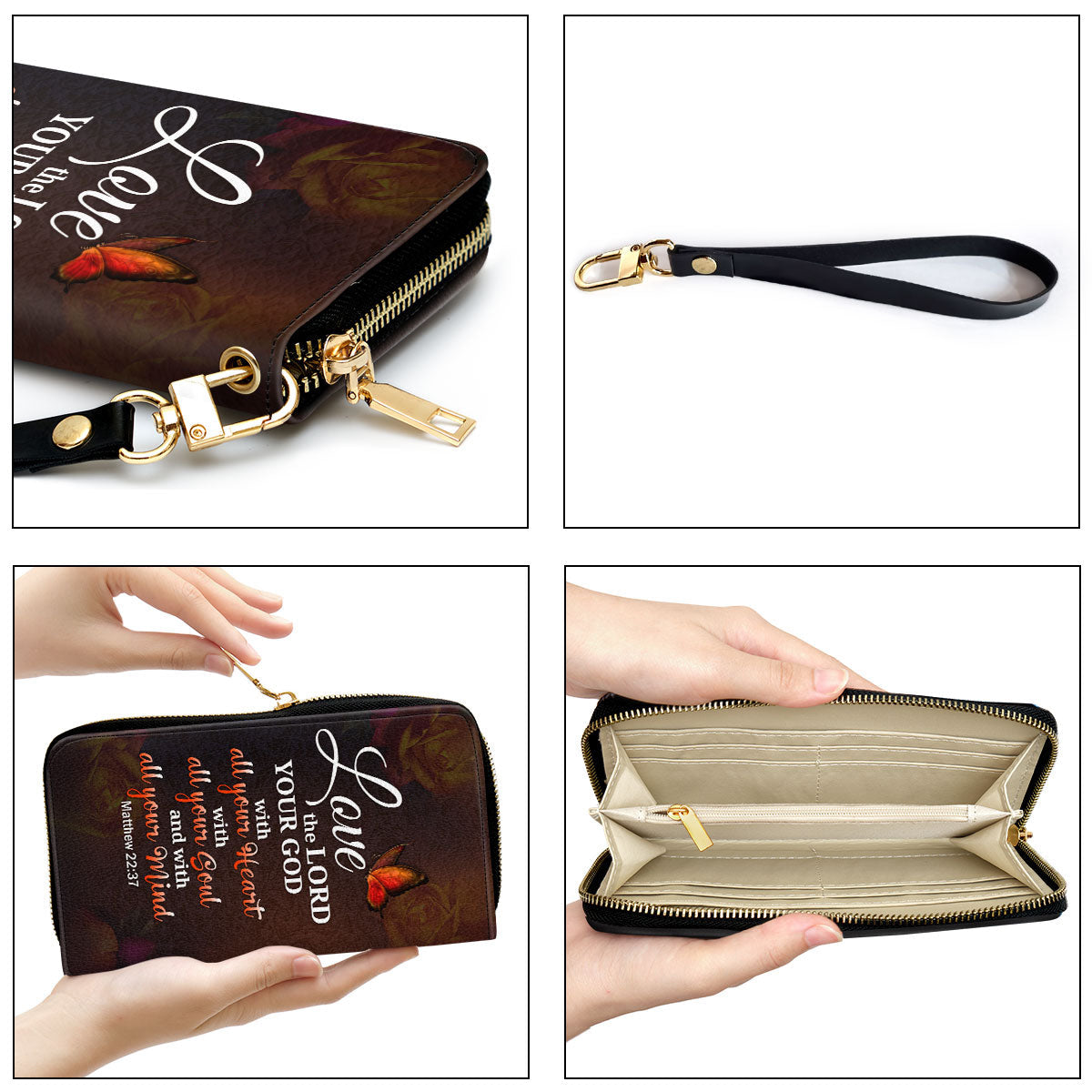 Matthew 2237 Love The Lord Your God With All Your Heart Personalized Leather Clutch Purse - Christian Gifts For Religious Women