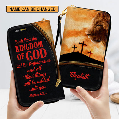 Matthew 633 Kingdom Of God Christian Personalized Leather Clutch Purse - Christian Gifts For Religious Women