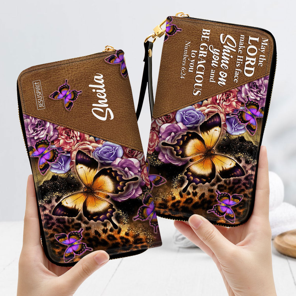 May The Lord Make His Face Shine On You Personalized Leather Clutch Purse - Christian Gifts For Religious Women