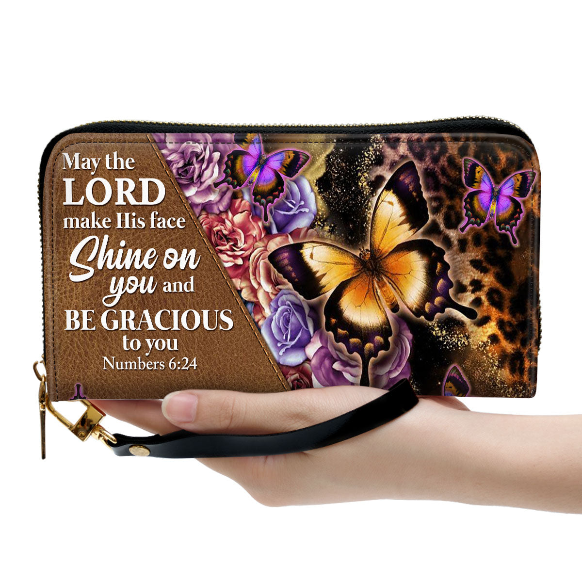 May The Lord Make His Face Shine On You Personalized Leather Clutch Purse - Christian Gifts For Religious Women