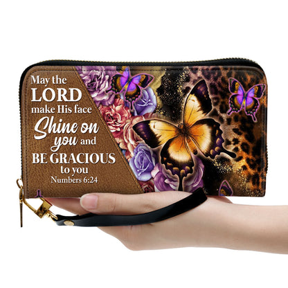 May The Lord Make His Face Shine On You Personalized Leather Clutch Purse - Christian Gifts For Religious Women