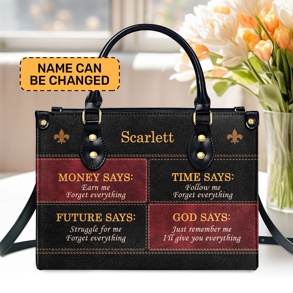 Money Time Future God Says Personalized Leather Handbag - Jesus Handbag