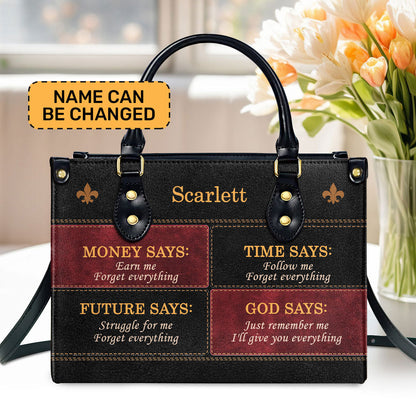 Money Time Future God Says Personalized Leather Handbag - Jesus Handbag