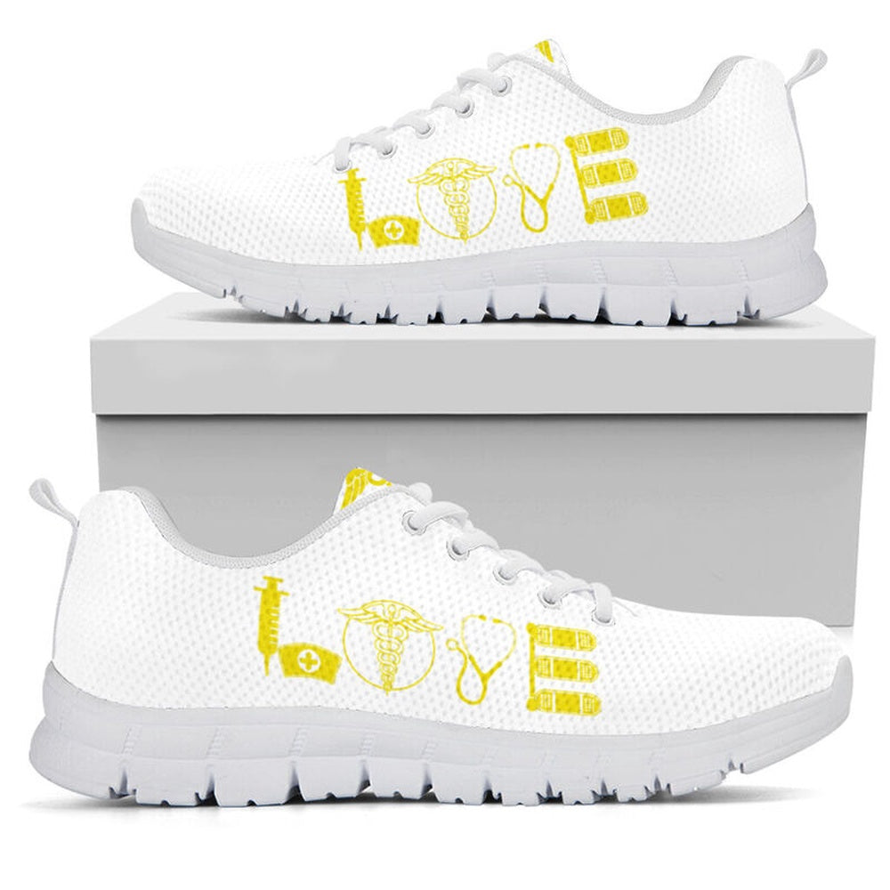 Nurse Sneaker, Nurse Love Fluorescent Yellow White Sneakers, Best Shoes For Nurses