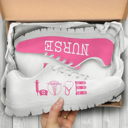Nurse Sneaker, Nurse Love Pink White Sneakers Shoes, Best Shoes For Nurses