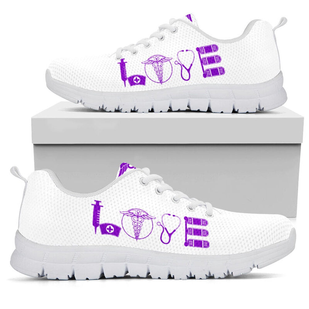 Nurse Sneaker, Nurse Love Purple White Sneakers Shoes, Best Shoes For Nurses