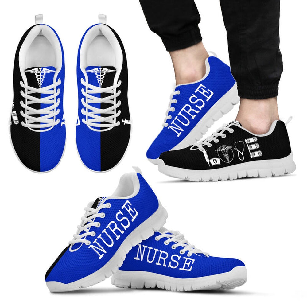 Nurse Sneaker, Nurse Love Royal Blue Black Sneakers Shoes, Best Shoes For Nurses