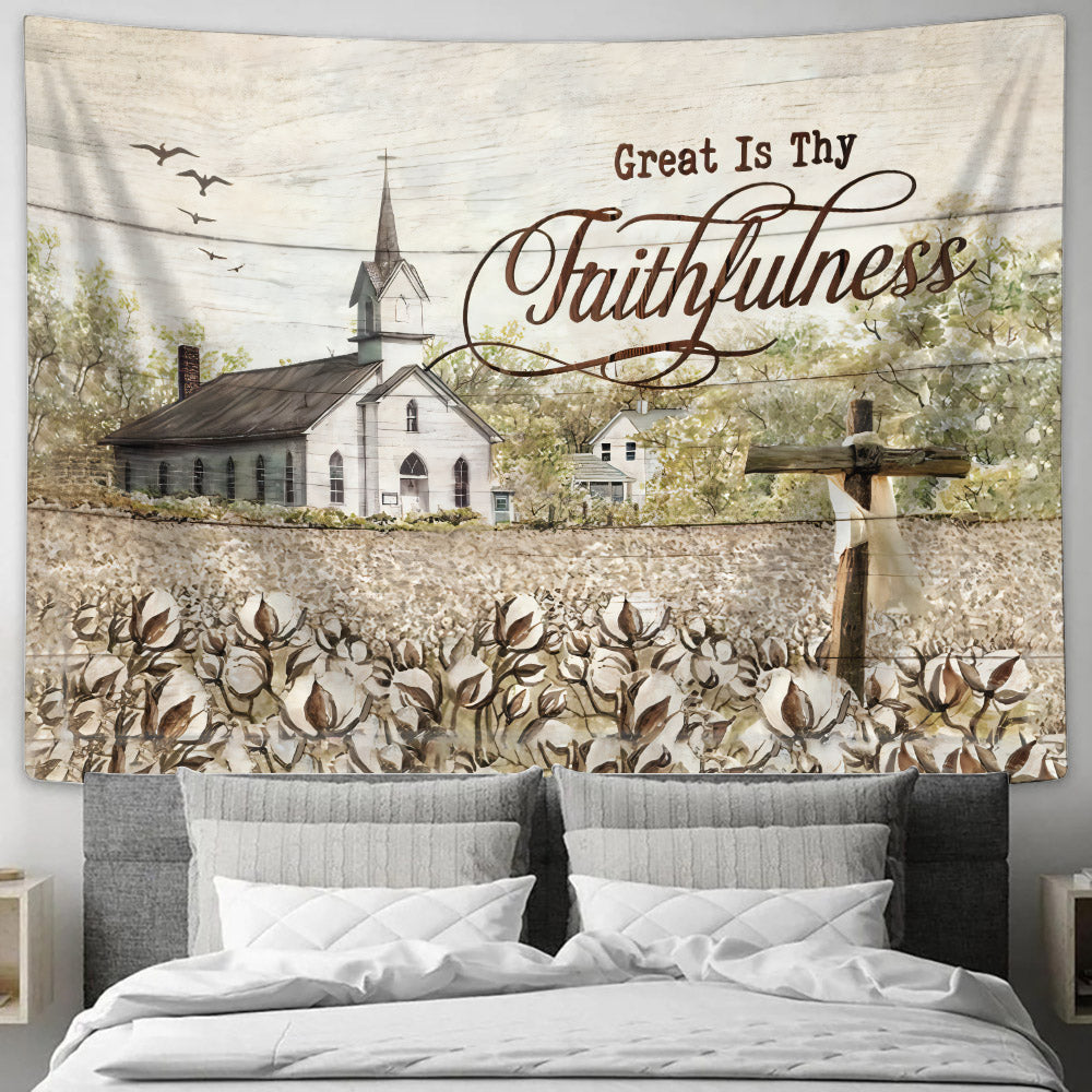 Old Country Church, Great Is Thy Faithfulness Tapestry - Christian Wall Tapestries