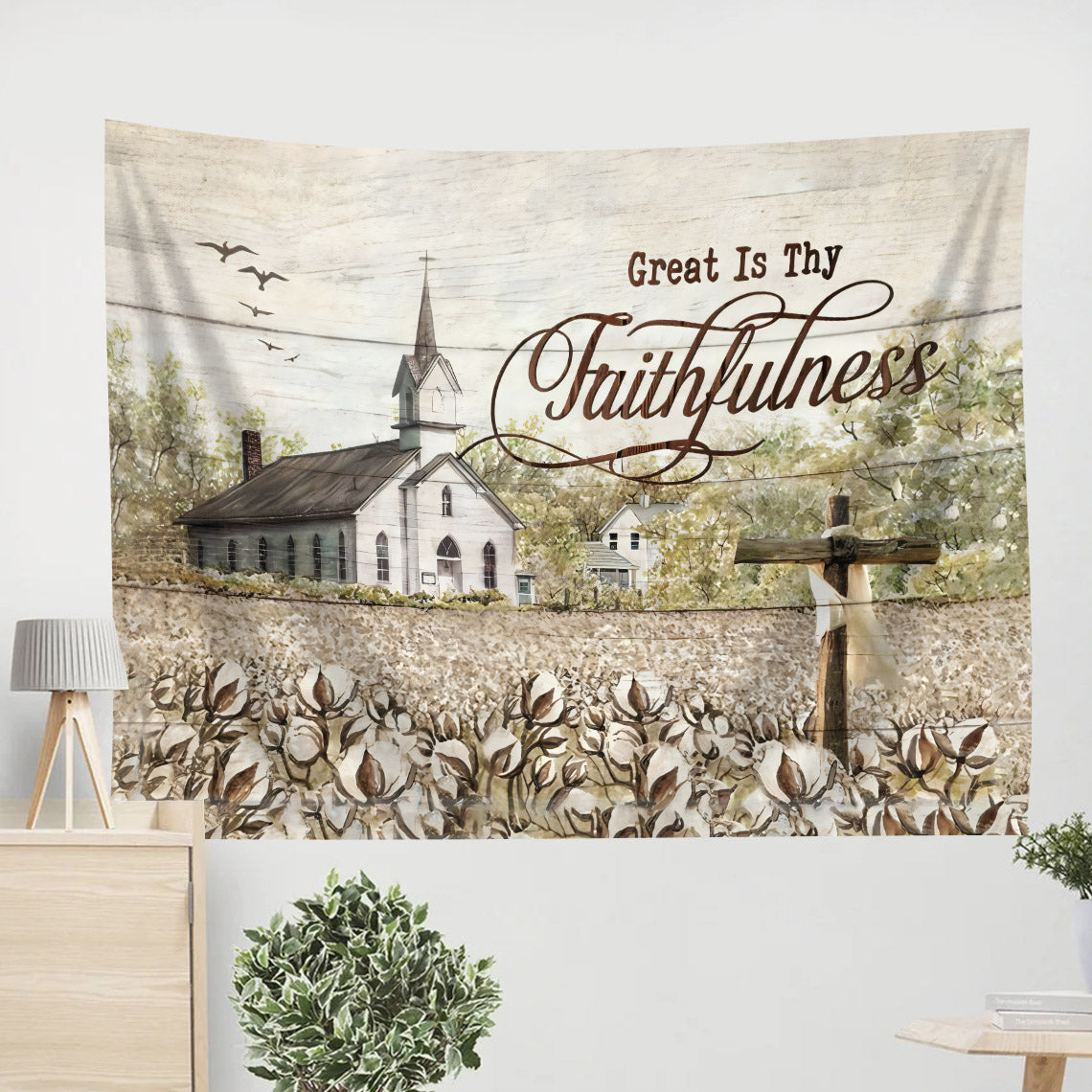 Old Country Church, Great Is Thy Faithfulness Tapestry - Christian Wall Tapestries