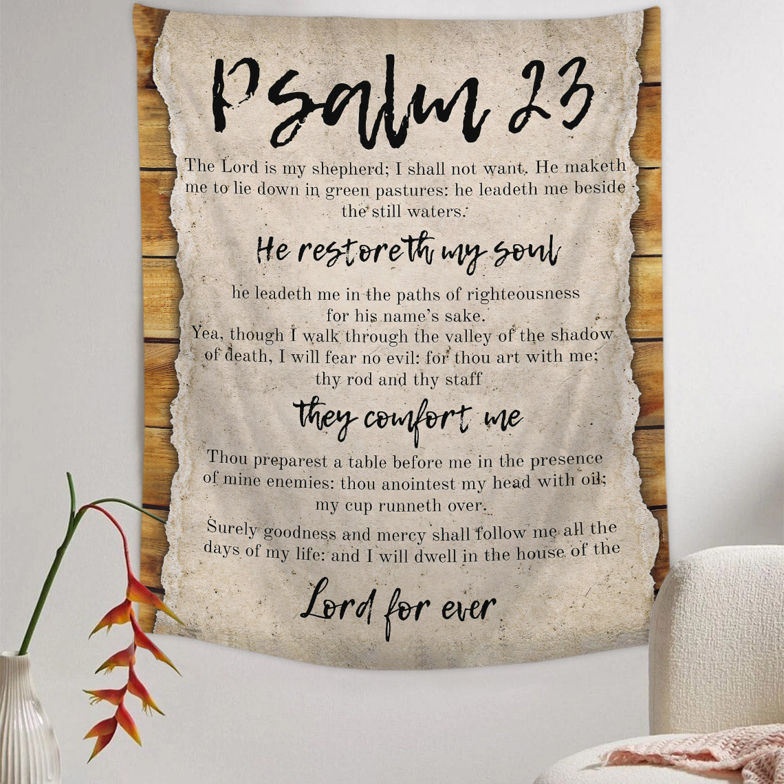 On A Scroll & Psalm 23 The Lord Is My Shepherd Canvas Wall Art Tapestry - Christian Tapestry - Bible Verse Tapestry