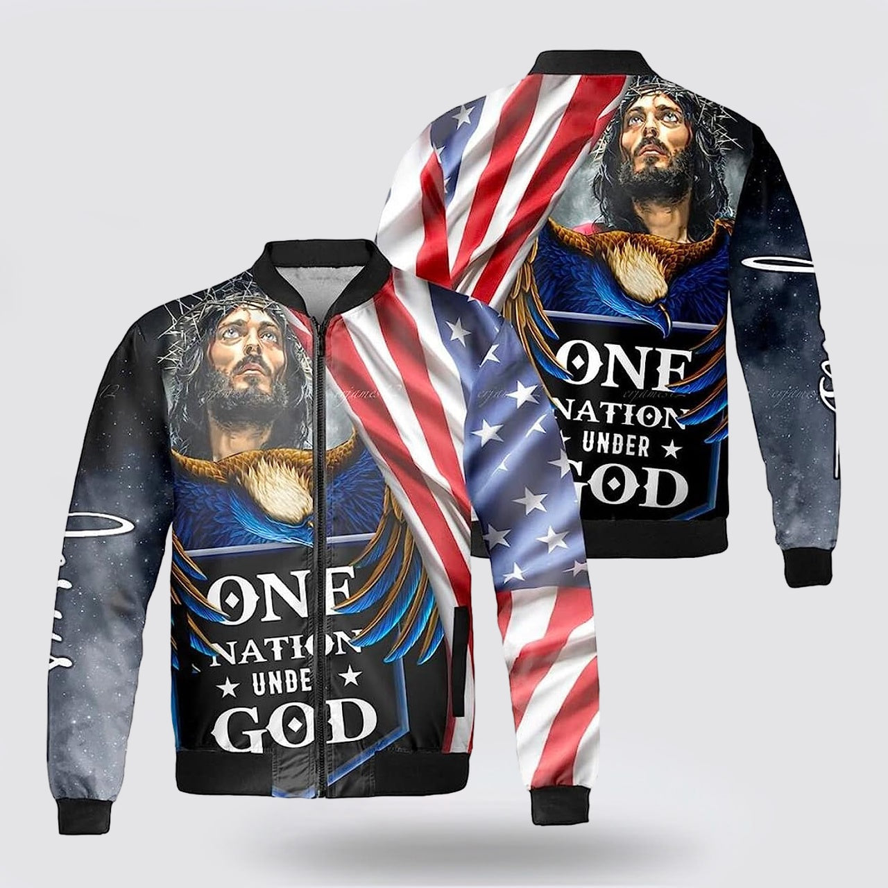 One Nation Under God Jesus Eagle Flag Us Bomber Jacket - Christian Bomber Shirts for Men and Women