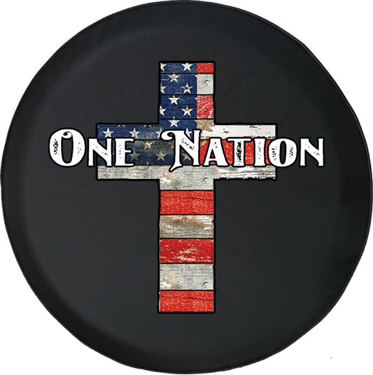 One Nation American Flag Wooden Cross Tire Cover - Bible Verse Tire Cover